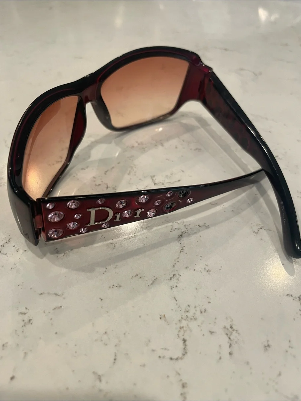 Dior Women’s Sunglasses in Burgundy with Pink-Tinted Lenses and Crystal Temples